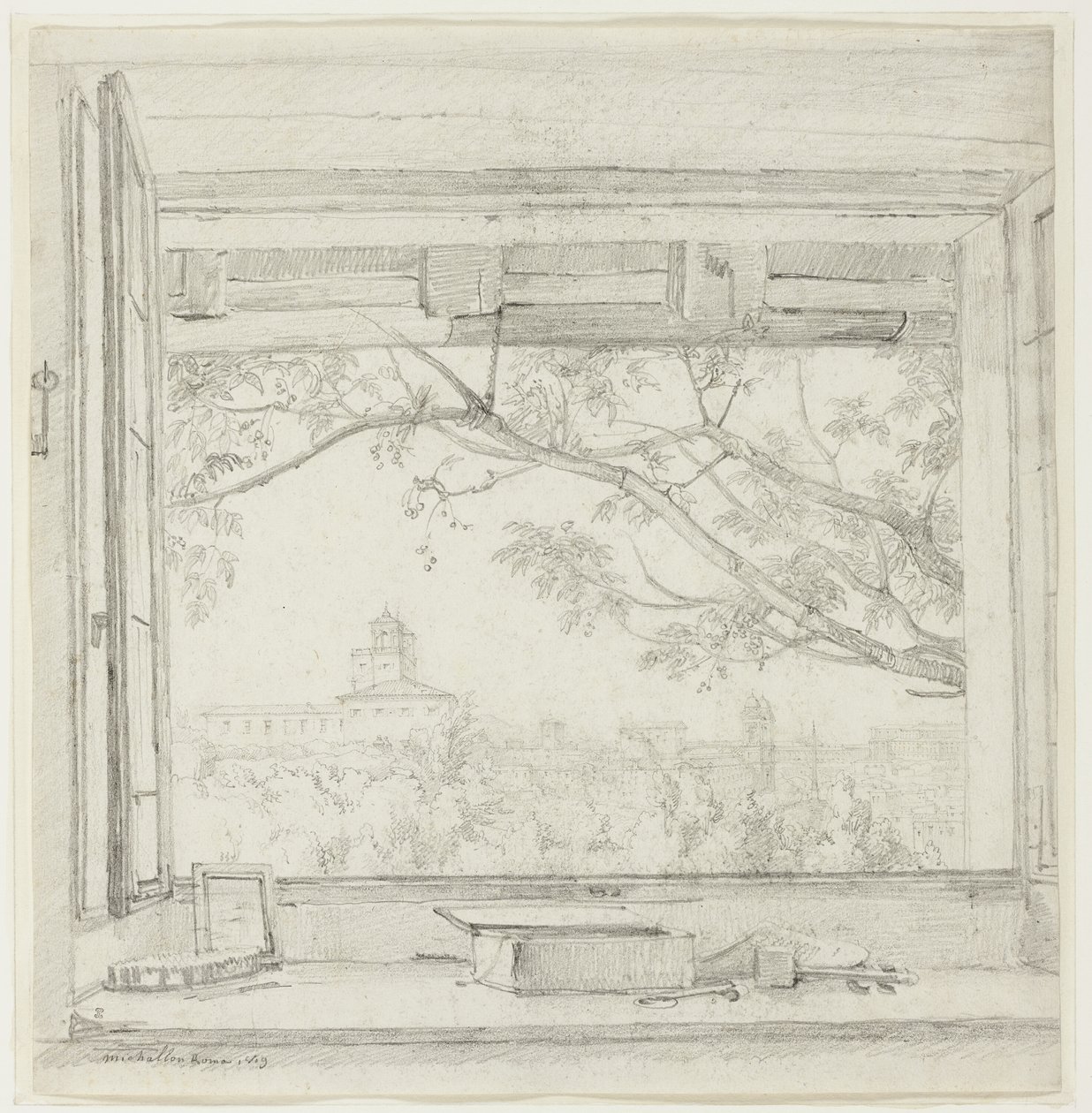 Utsikt över Villa Medici och Sta Trinità dei Monti från Ingres ateljé i Pavillon San Gaetano, Rom av Achille Etna Michallon