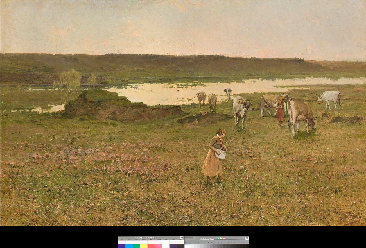 Near Sesto Calende, Lombardiet, Italien eller "Grazing in the Plain" (nära Sesto Calende, Italien eller betande på slätten) Målning av Achille Formis (1832-1906) 1887 Privat samling av Achille Formis Befani