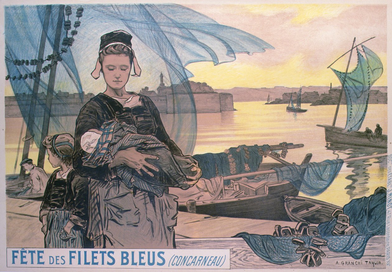 Affisch som visar festivalen för blå fiskenät, Concarneau, Bretagne (färg litho) av Achille Granchi Taylor