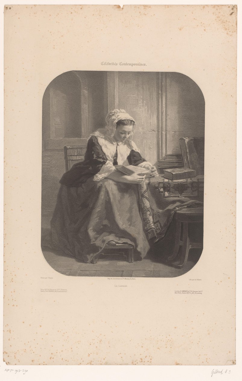 läsande kvinna La Liseuse (titel på objekt) Verk av välkända samtida konstnärer (serietitel) Célébrités contemporaines (serietitel på objekt) av Achille Isidore Gilbert
