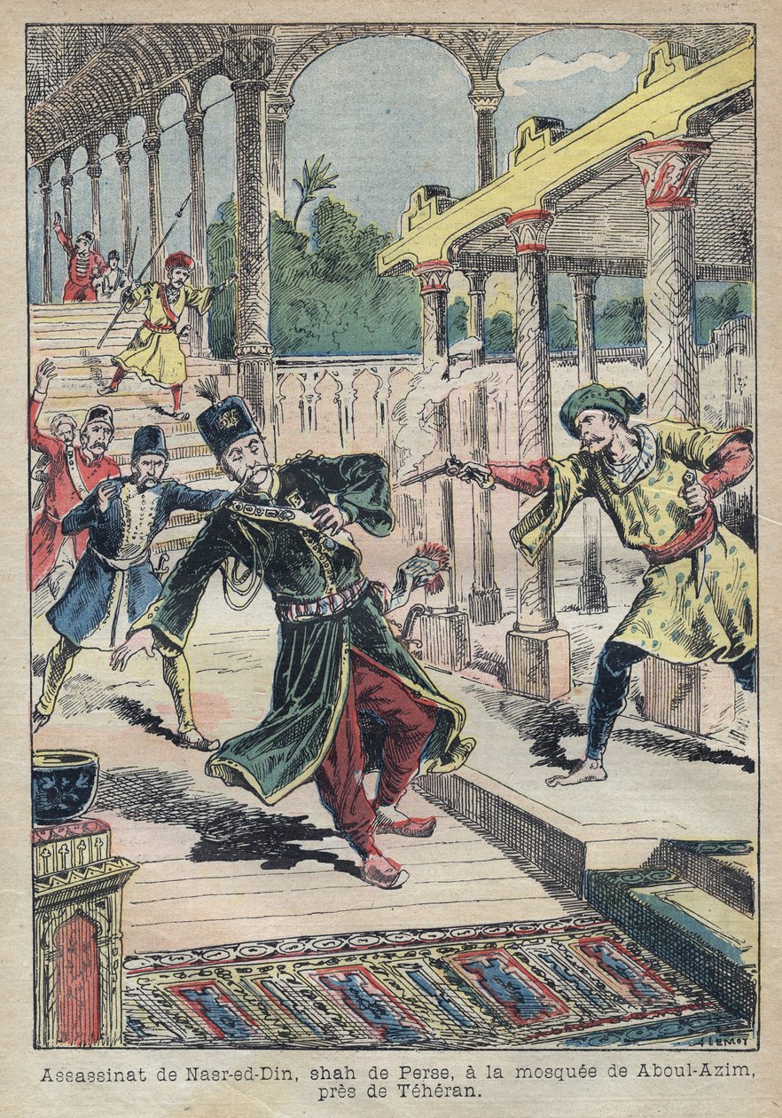 Mordet på Nasser Ed Din (1831-1896), Shah av Persien (Iran) 1896 (även kallad Nasseredin Shah, Nasserer-al-Din Shah Qajar, Nasser al-Din Shah Qajar, Nassiruddin Shah) - Illustration av Achille Lemot för " Le-Pelerin” från 1896 - Mordet på av Achille Lemot