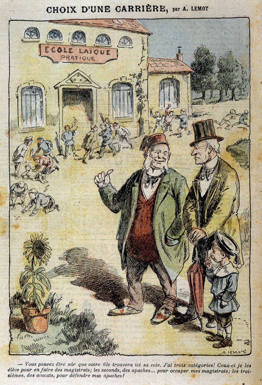 Val av karriär: Tecknad film om Laique-skolan - av Achile Lemot (1846-1909), i "" Le Pelerin"" av 1909-04-04 av Achille Lemot