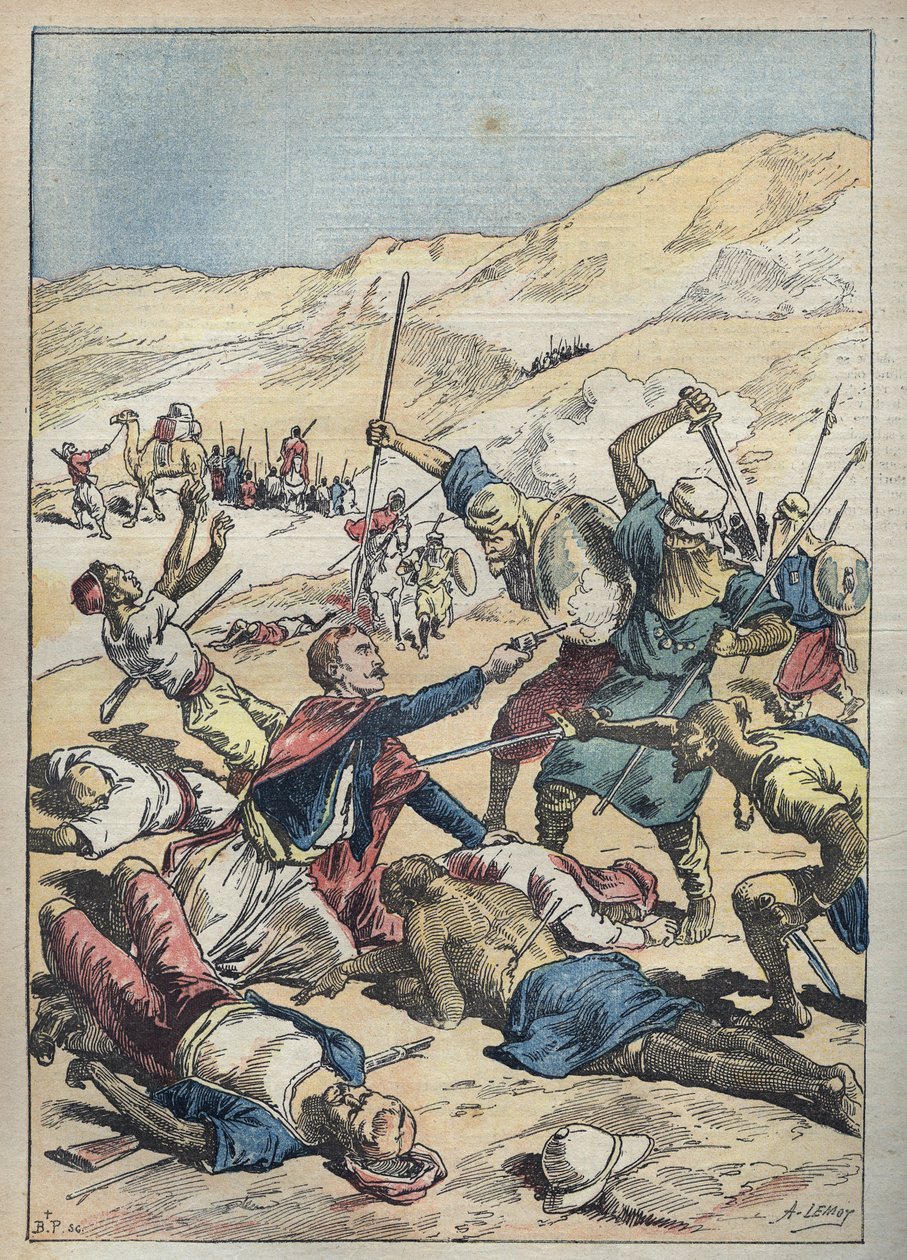 Död av markisen av Mores (Antoine-Amedee-Marie-Vincent) Manca de Vallombrosa (1858-1896) och hans följeslagare nära El-Ouatia (El Ouatia) i Tunisien 1896 - Illustration av Achille Lemot i "" Le-Pelerin" ” juni 1896 av Achille Lemot