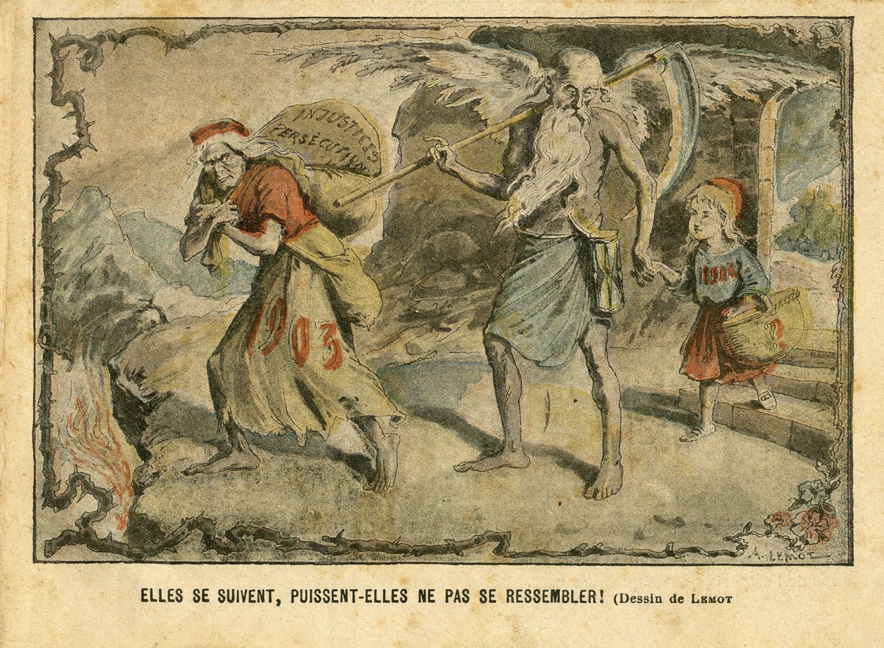 Illustration av Achille Lemot (1846-1909) i Le Pelerin, 03/01/04 - De följer varandra, må de inte vara likadana! Orättvisa förföljelser - Barndom, Religion Tro, Tid/Årstider, Nyår - Marianne, Tid (Allegory of) - Allegori, Opposition/Associat av Achille Lemot