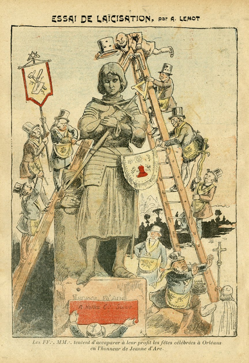 Illustration av Achille Lemot (1846-1909) i Le Pelerin, 05/05/07 - Essai de laicisation - Antimaconism Freemaking, Religion Tro, Katolsk katolicism - Laicisation Laicite Laiques - Jeanne d
