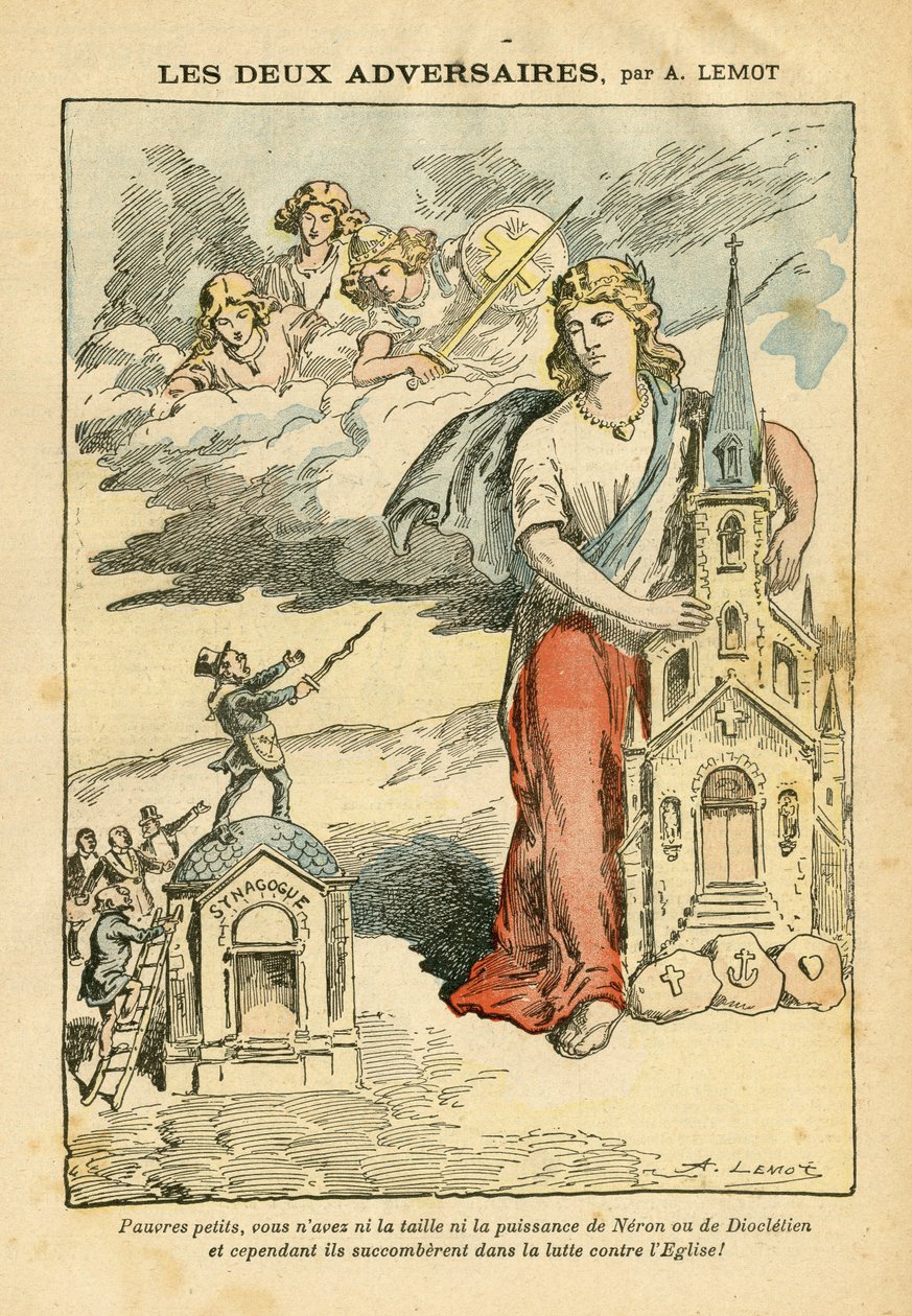 Illustration av Achille Lemot (1846-1909) i Le Pelerin, 09/09/06 - De två motståndarna - Antisemitism, Religion Tro, Trefärgad flagga, katedralkyrkor, synagoga, katolsk katolicism - allegori, skalaförändring av Achille Lemot