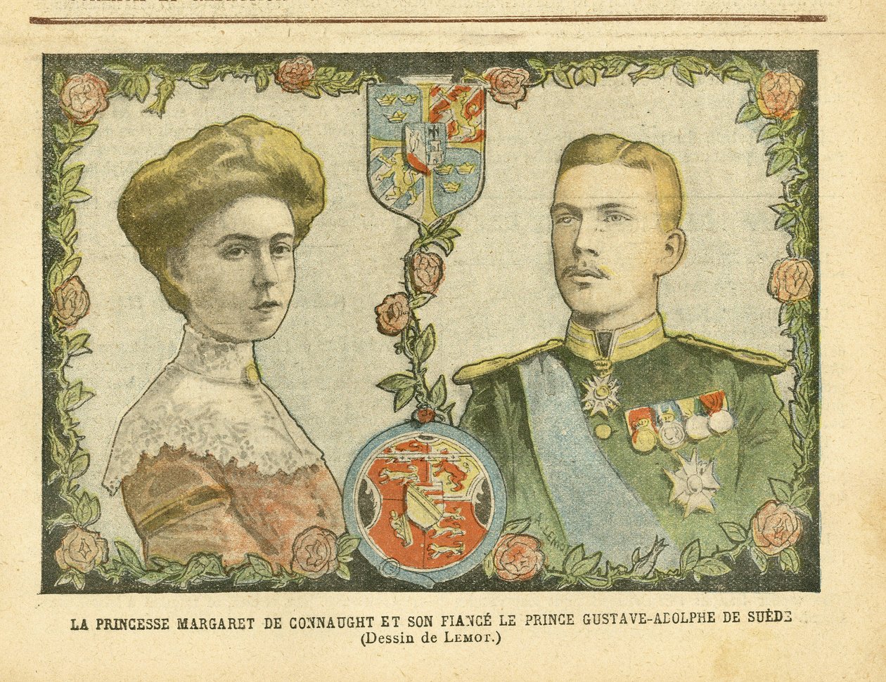 Illustration av Achille Lemot (1846-1909) i Le Pelerin, 21/05/05 - Prinsessan Margaret av Connaught och hennes fästman Prins Gustave-Adolphe av Sverige - Monarki, Medalj, Utländsk suverän, Sverige - De Connaught Margaret (1882-1920) , Gustave IV Adolphe of av Achille Lemot
