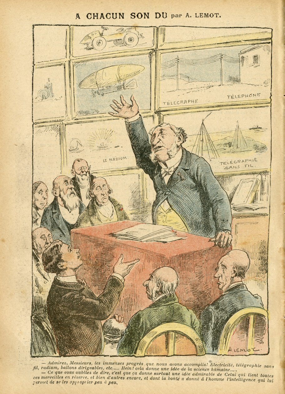 Illustration av Achille Lemot (1846-1909) i Le Pelerin, 22/09/07 - modernit, bil, religion, tro, ateism, framsteg, telegraf, trådlös telegrafi, telefon, radium, katolsk katolicism - intellektuell av Achille Lemot