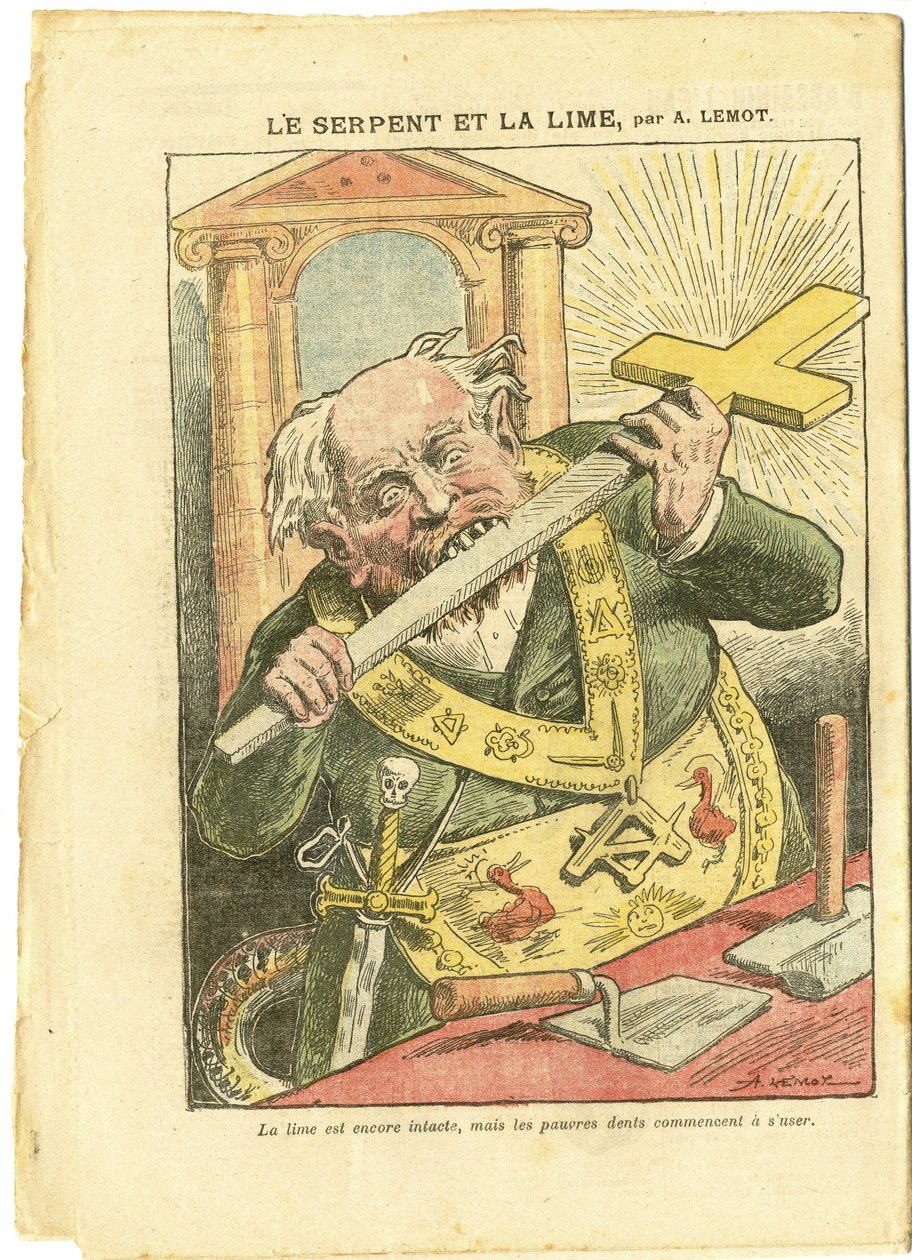 Illustration av Achille Lemot (1846-1909) i Le Pelerin, 23/05/09 - The Snake and the Lime - Antimaconism Freemaking, Religion Faith, Christian Cross, Fables La Fontaine och andra, Katolsk katolicism - Laicisation Laicite Laiques - Ormar - Animalisatio av Achille Lemot