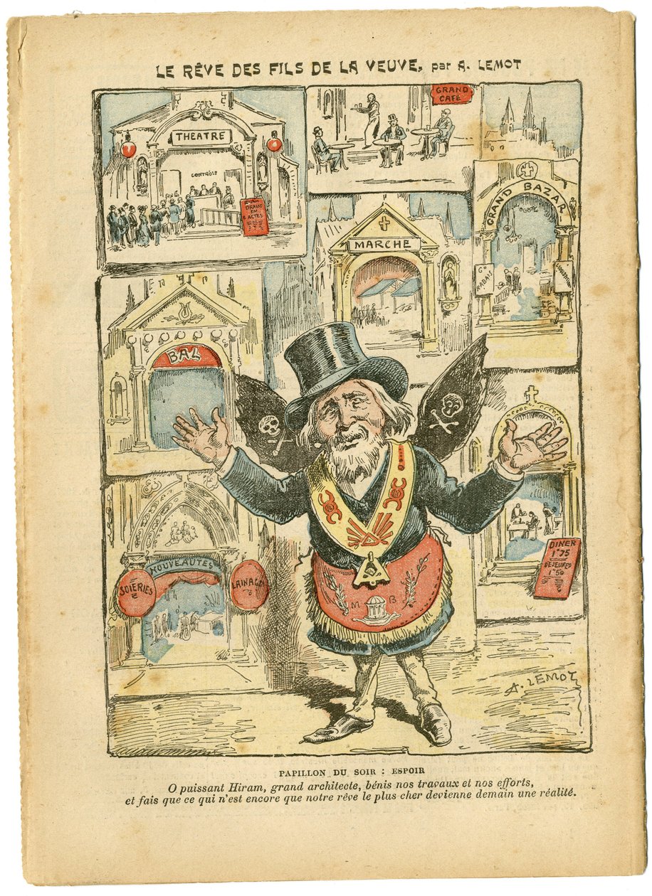 Illustration av Achille Lemot (1846-1909) i Le Pelerin, 23/09/06 - Änkans söners dröm - Antimilitarism, Religion Tro, Churches Cathedrales, Katolsk katolicism - Laicisation av det religiösa rummet, Laicisation Laicite Lekmannalagar - Hiram av Achille Lemot