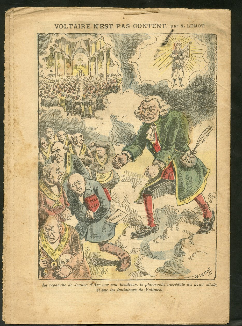 Illustration av Achille Lemot (1846-1909) i Le Pelerin, 25/04/09 - Voltaire är inte lycklig - Antimaconism Freemaking, Religion Tro, Katolsk katolicism - Laicisation Laicite Laiques lagar - Voltaire, Jeanne d