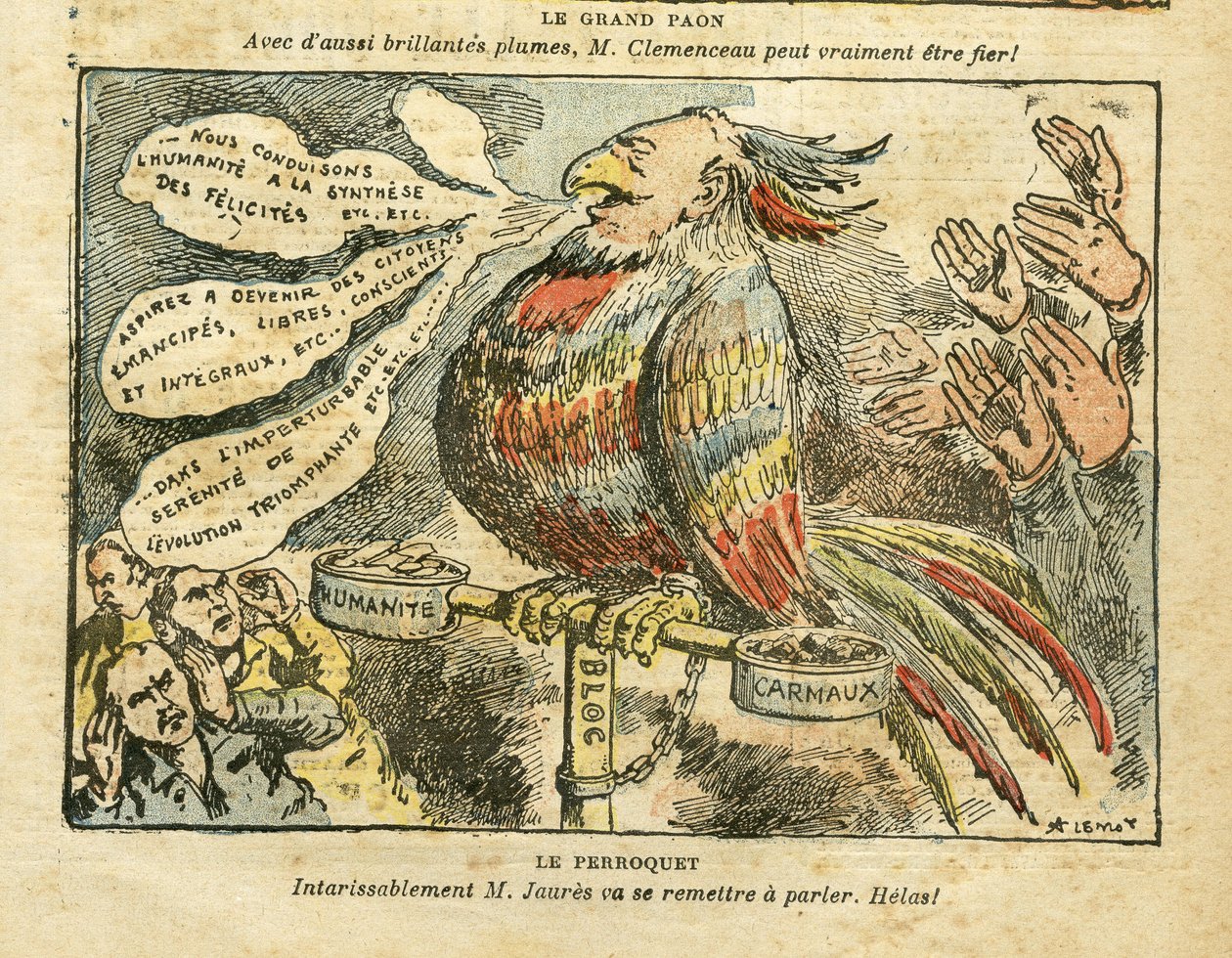 Illustration av Achille Lemot (1846-1909) i Le Pelerin, 26/01/08 - Den stora påfågeln - Greve, Socialism, Carmaux, Humanite (dagbok) - Jaures Jean, Parroquet av Achille Lemot
