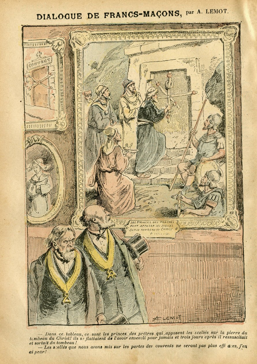 Illustration av Achille Lemot (1846-1909) i Le Pelerin, 31/03/07 - Dialog mellan Francs-Macons - Konst, Antimaconism Freemaking, Religion Tro, Katolsk katolicism - Separation av kyrka och stat, Inventeringar/reaktioner på inventeringar av Achille Lemot