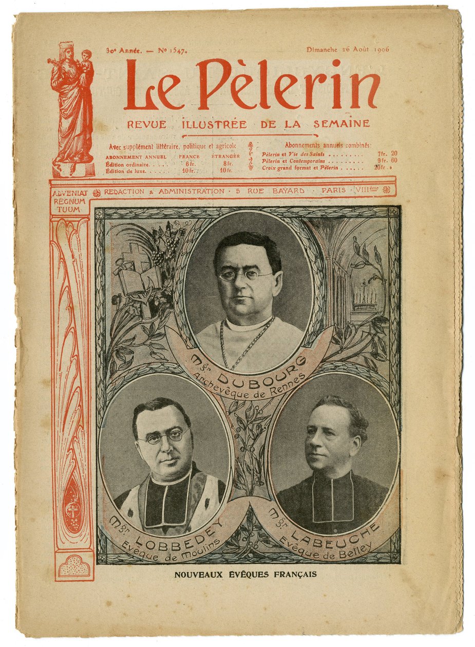 Illustration av Achille Lemot (1846-1909) för omslaget till Le Pelerin, 26/08/06 - New English Eveques - Religion Faith, Catholic Catholicism - Eveques av Achille Lemot