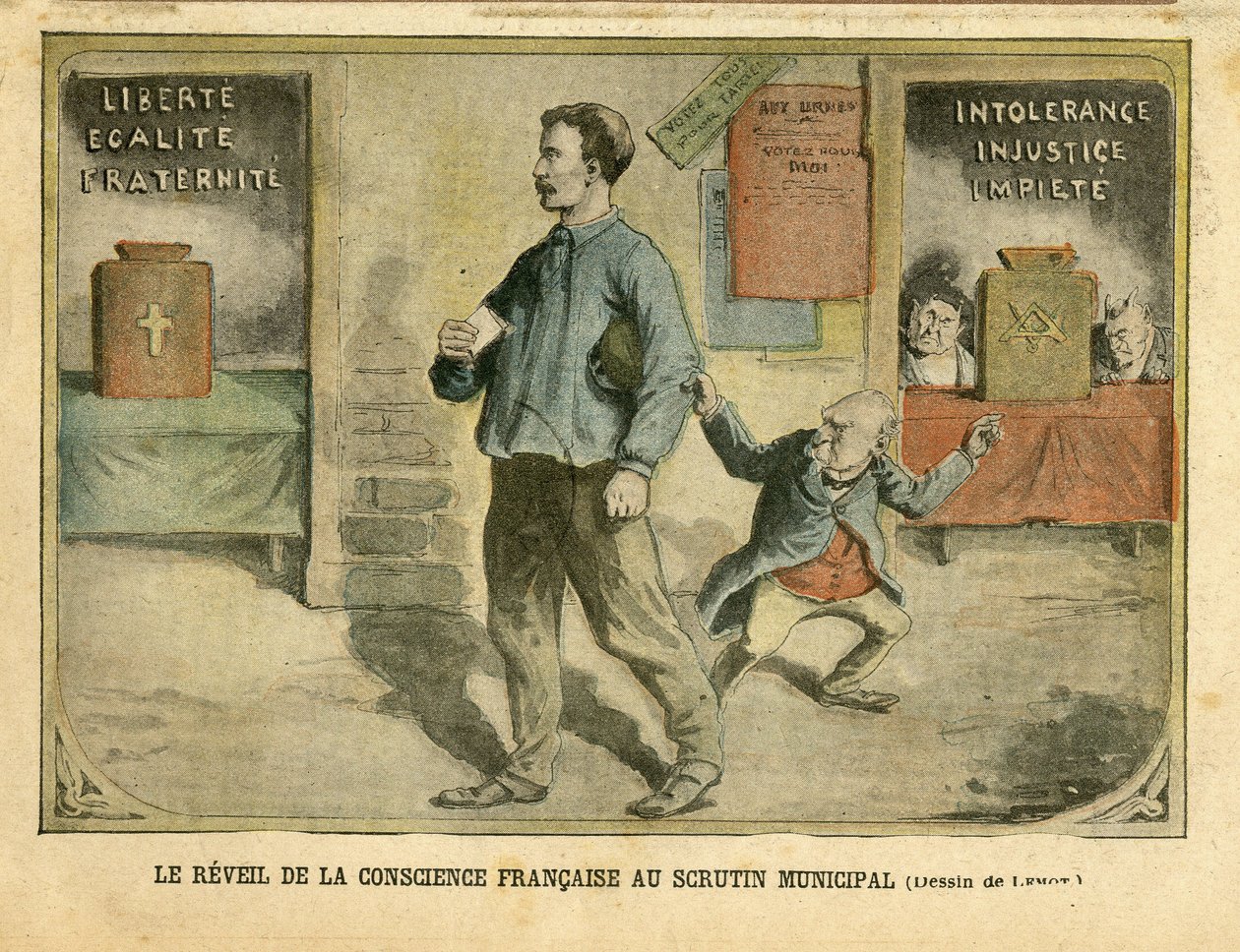 Illustration av Achille Lemot (1846-1909) i Le Pelerin, 01/05/04 - Det franska samvetets uppvaknande till kommunal omröstning - Val, Religion Tro, Bloc des left, Catholicism Catholique - Laicisation Laicite Sekulära lagar - Combes Emile ( 1835 -1921), av Achille Lemot