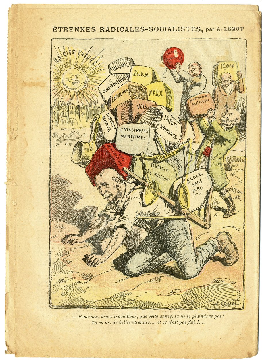 Illustration av Achille Lemot (1846-1909) i Le Pelerin, 03/01/09 - Radikal-socialistiska strängar - Radikalism, undervisning, Religion Tro, Marocko, ateism, radikala och radikal-socialistiska parti, katolsk katolicism - Laicisation Laicite Laiques - Clemen av Achille Lemot