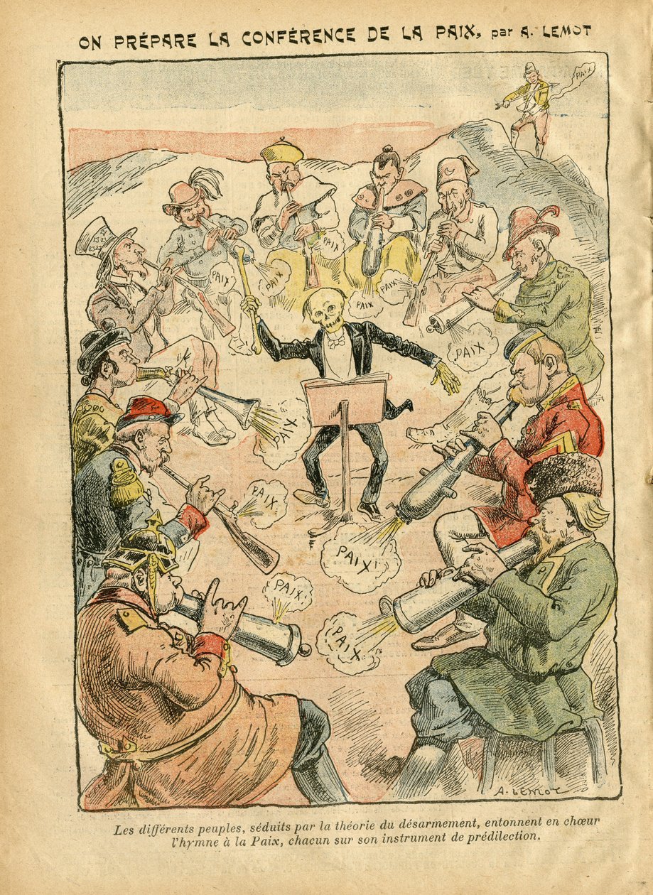 Illustration av Achille Lemot (1846-1909) i Le Pelerin, 03/02/07 - Förbereder fredskonferensen - Ryssland, Tyskland Preussen, Asien, Musik, Amerika USA USA, England Storbritannien, Öst, Europa, Italien, Kina, Kanoner , snäckor, Fred, Dans, Frankrike, Nedru av Achille Lemot