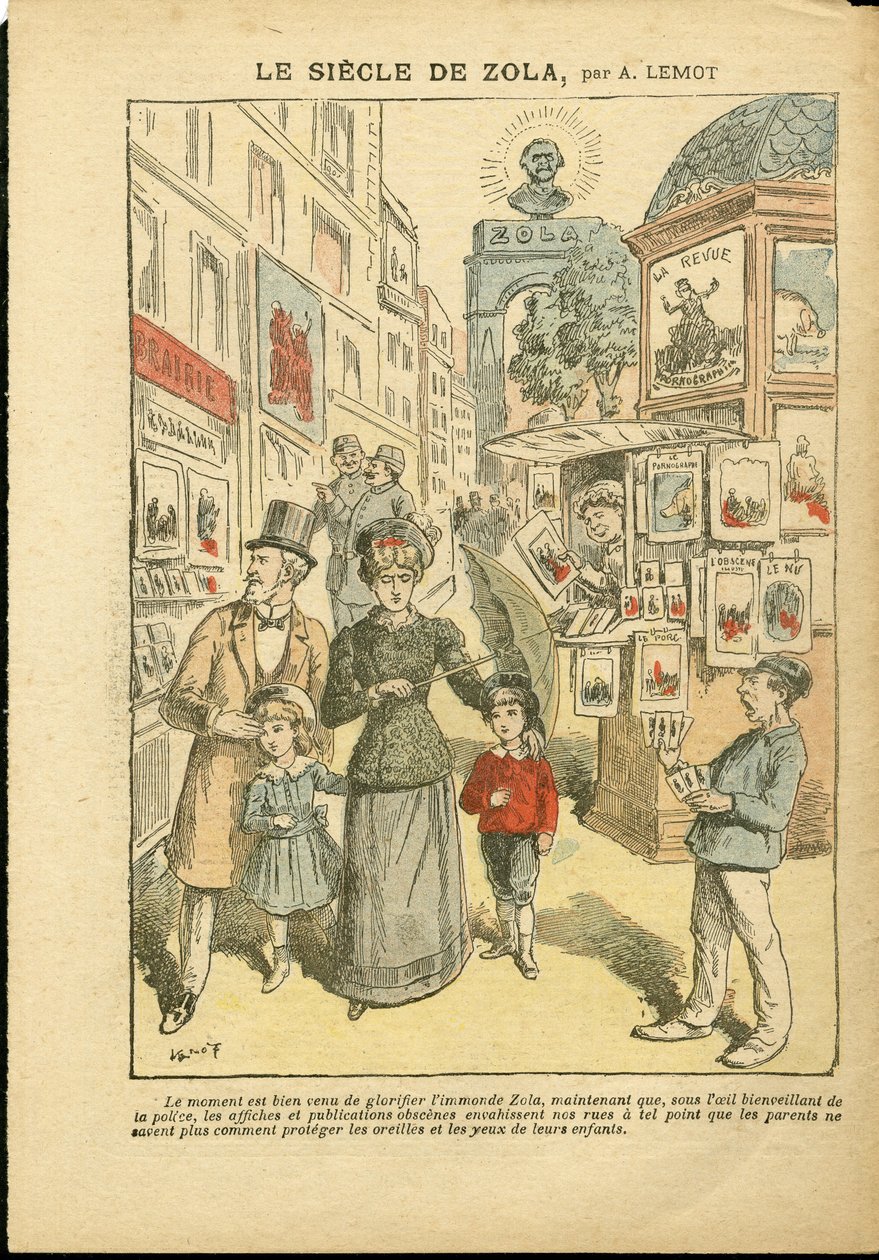Illustration av Achille Lemot (1846-1909) i Le Pelerin, 03/05/08 - Zolas århundrade - Religion Tro, Familj, Pornografi, Tidningskiosker, Katolsk katolicism, Rue alley - Zola Emile av Achille Lemot