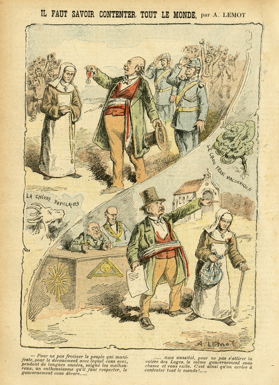 Illustration av Achille Lemot (1846-1909) i Le Pelerin, 03/09/05 - Du måste veta hur man behagar alla - Antiklerikalism, Antimakonism Freemaking, Religion Tro, Medalj, Bloc des lefts, Katolsk katolicism - Vräkningar av religiösa, Laicization Lai av Achille Lemot
