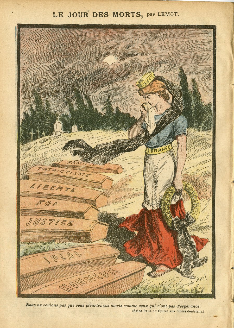 Illustration av Achille Lemot (1846-1909) i Le Pelerin, 03/11/07 - The Day of the Dead - Rättvisa processer, Religion Faith, Liberte, Frankrike, Trefärgad flagga, Patriotism, Mourning Obseque Begravning, Honour, Casket - Marianne - Döden, religiös metafor av Achille Lemot