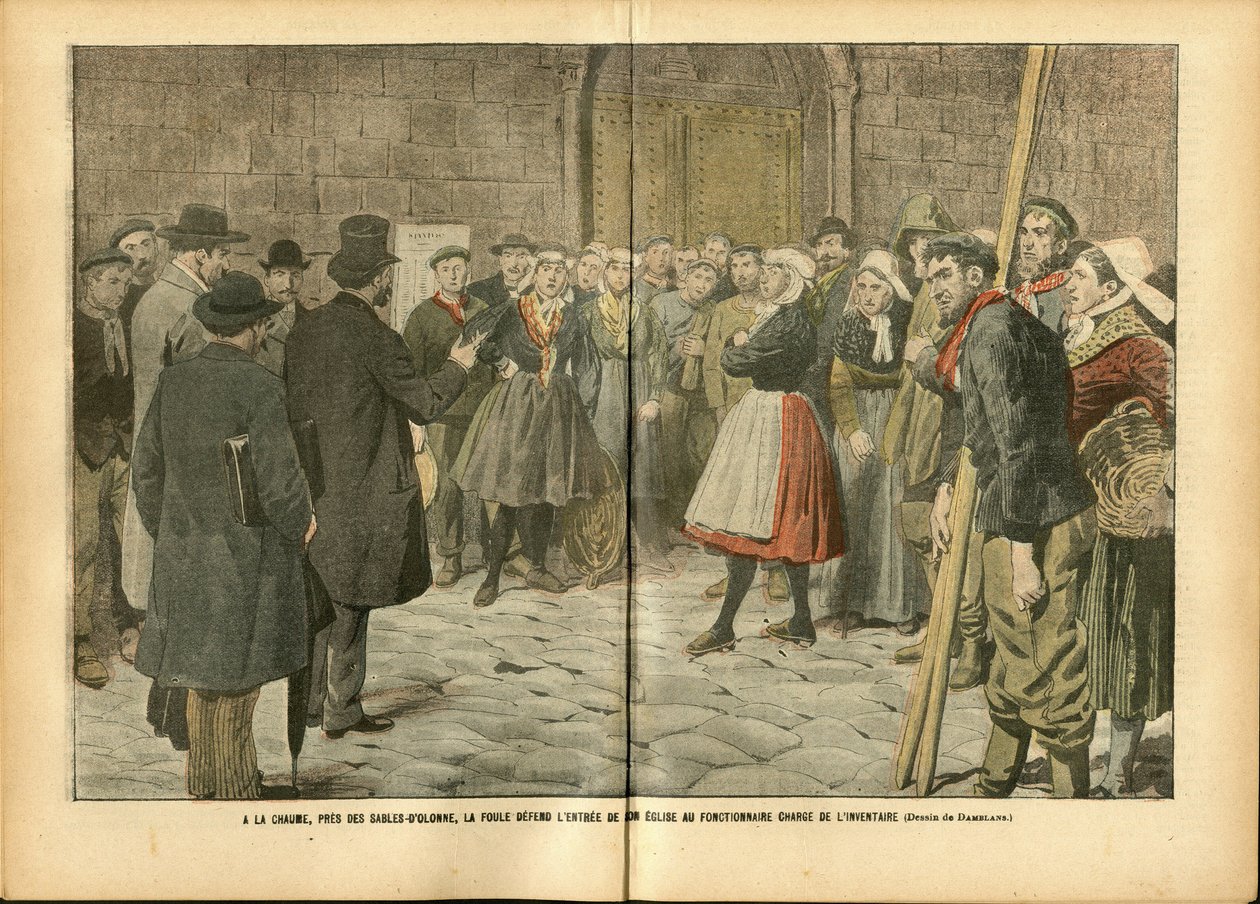 Illustration av Achille Lemot (1846-1909) i Le Pelerin, 04/02/06 - Religion Tro, folkmassa, Churches Cathedrales, katolsk katolicism - Separation av kyrka och stat, inventeringar/reaktioner på inventeringar av Achille Lemot