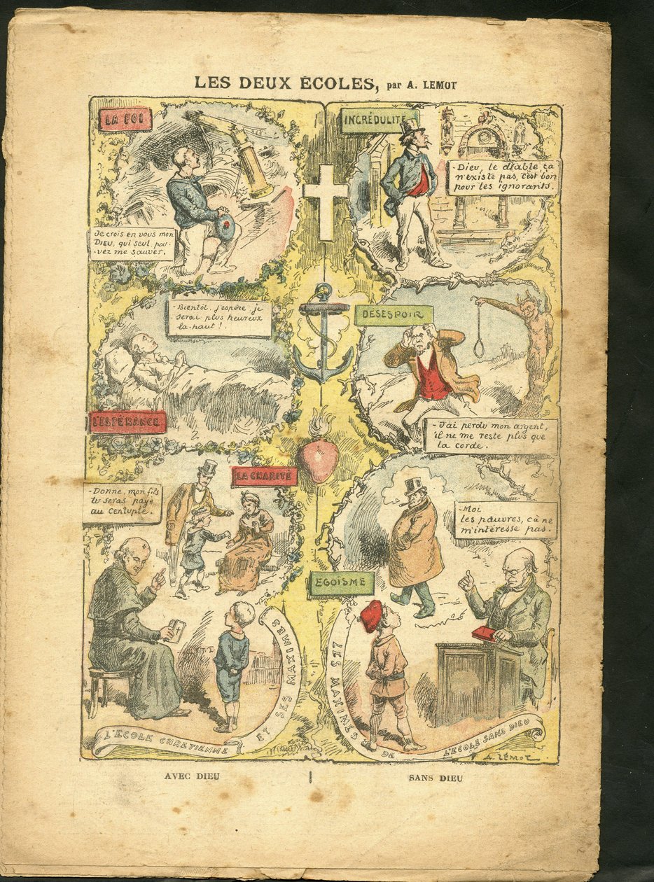 Illustration av Achille Lemot (1846-1909) i Le Pelerin, 04/04/09 - De två skolorna - Undervisning, Religion Tro, katolsk katolicism - Laicisation Laicite Laiques lagar - Lärare, lyceansk student, kollegian, botemedel av Achille Lemot