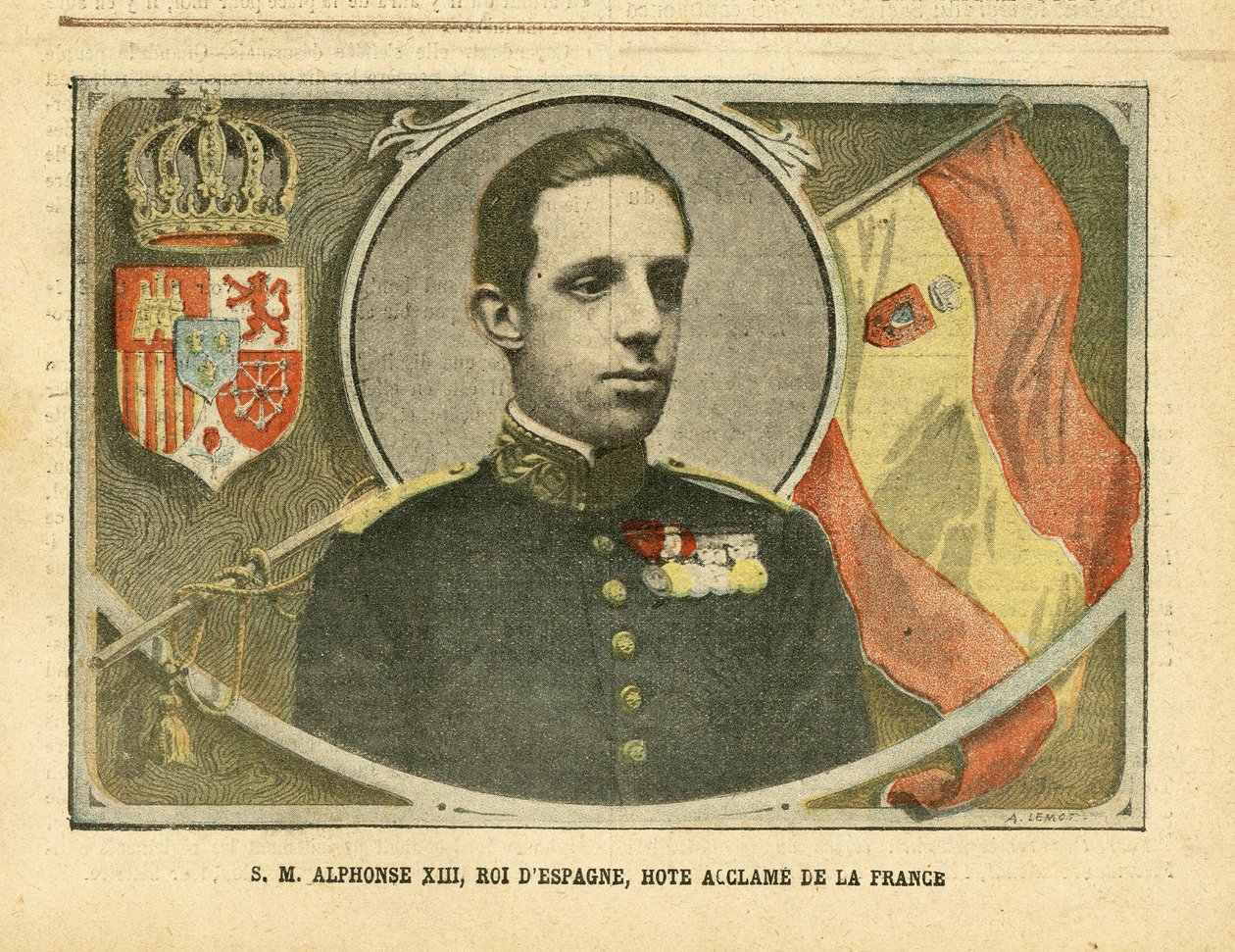 Illustration av Achille Lemot (1846-1909) i Le Pelerin, 04/06/05 - Hans Majestät Alfonso XIII, kung av Spanien, Hote Acclame of France - Spanien, monarki, flaggor, utländsk suverän - Alfonso XIII av Achille Lemot