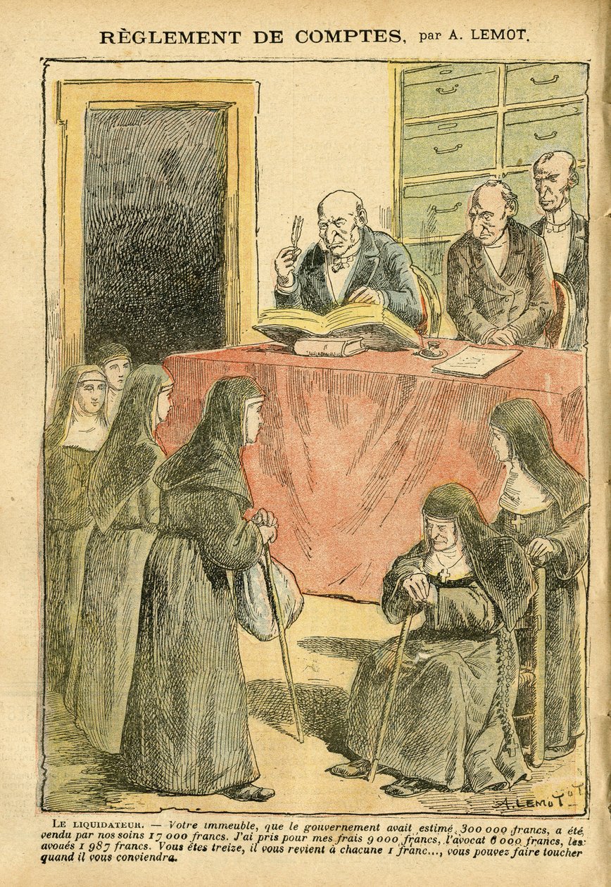 Illustration av Achille Lemot (1846-1909) i Le Pelerin, 04/08/07 - Reglering av konton - Antisemitism, Religion Tro, katolsk katolicism - Separation av kyrka och stat, Inventeringar/reaktioner på inventeringar - Nunnor systrar goda systrar av Achille Lemot