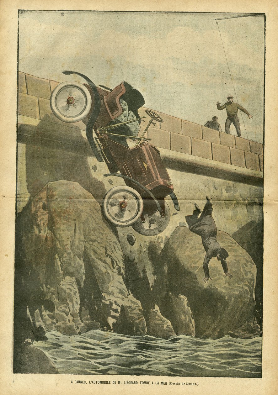 Illustration av Achille Lemot (1846-1909) i Le Pelerin, 05/05/07 - I Cannes faller herr Liegards bil till havet - Diverse fakta, Bilindustri, Marine Seaside, Olyckor Katastrofer av Achille Lemot
