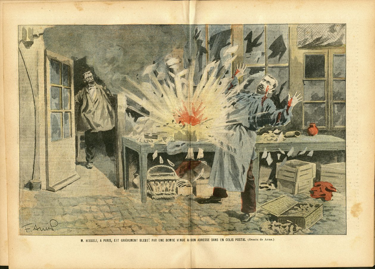 Illustration av Achille Lemot (1846-1909) i Le Pelerin, 05/08/06 - Courier La Poste, Bomb - Postal Factor av Achille Lemot