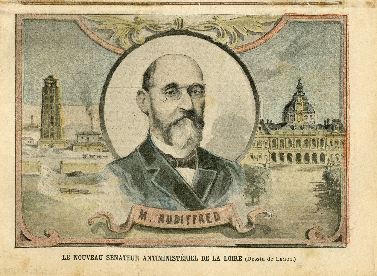 Illustration av Achille Lemot (1846-1909) i Le Pelerin, 06/11/04 - Den nya antiministeriella senatorn i Loire - Senat, Loire - Senator, Audiffred Honore (1840-1917) av Achille Lemot