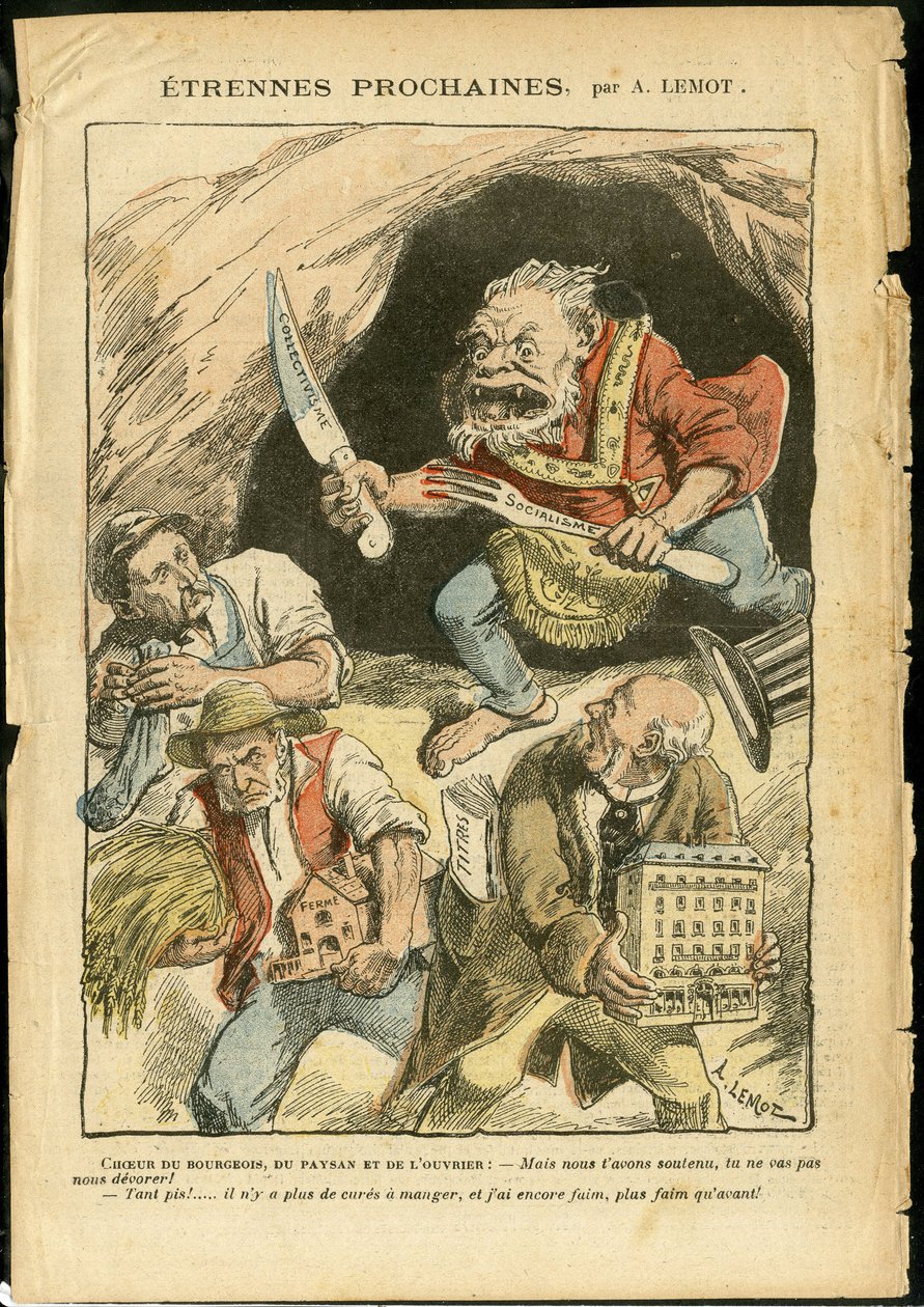 Illustration av Achille Lemot (1846-1909) i Le Pelerin, 07/01/06 - Nästa främling - Jordbruk, Kollektivism, Socialism - Arbetare, Bönder, Bönder - Ogre/äta/svala, Animalisering av Achille Lemot