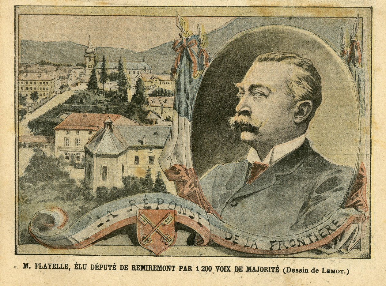 Illustration av Achille Lemot (1846-1909) i Le Pelerin, 07/02/04 - M. Flayelle, vald till suppleant i Remiremont med 1200 majoritetsröster - Val, Alsace Lorraine, Chambre des deputes Hemicycle, Patriotism, Frontières, Remiremont, Vosgeses Suppleant, Flayel av Achille Lemot