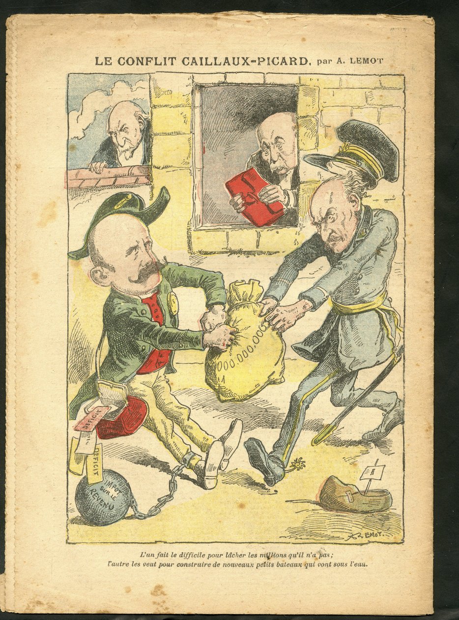 Illustration av Achille Lemot (1846-1909) i Le Pelerin, 07/03/09 - Caillaux-Picard-konflikten - Beskattning, inkomstskatt - Combes Emile (1835-1921), Clemenceau George, Caillaux Joseph (1863-1944) av Achille Lemot