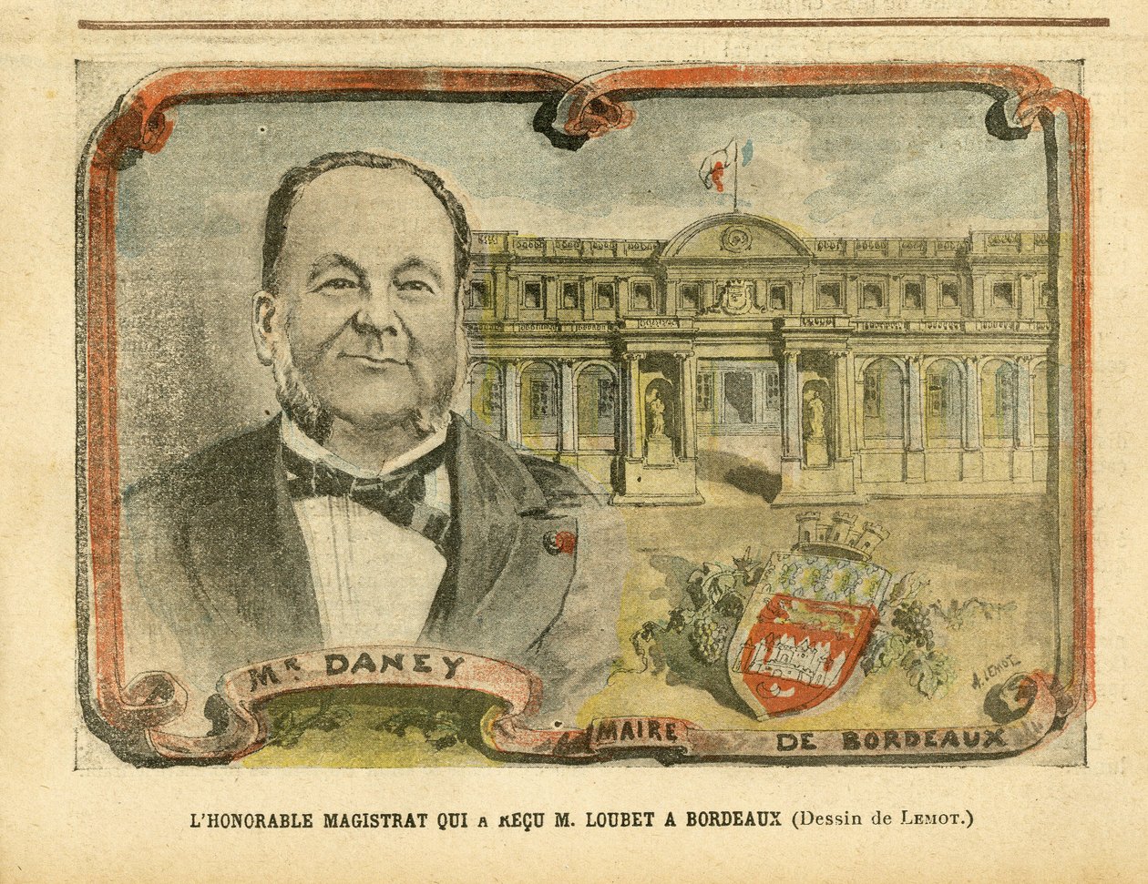 Illustration av Achille Lemot (1846-1909) i Le Pelerin, 07/05/05 - Den ärade magistraten som tog emot M. Loubet i Bordeaux - Arkitektur Urbanisme, Republikens president, Bordeaux - Borgmästare, Daney Alfred (1832-1911) av Achille Lemot