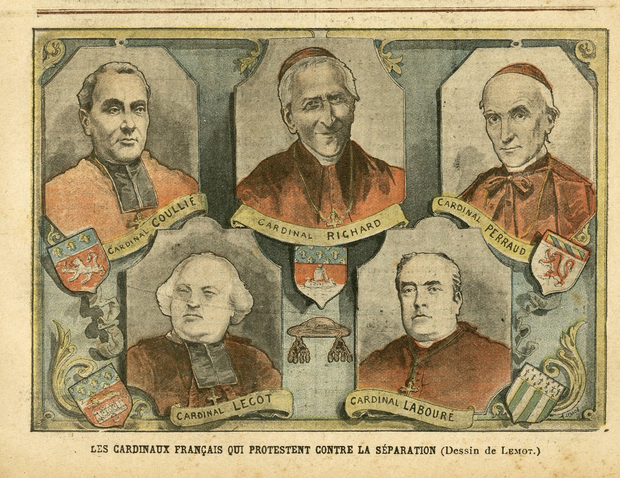 Illustration av Achille Lemot (1846-1909) i Le Pelerin, 09/04/05 - Franska kardinaler som protesterar mot separation - Religion Tro, katolsk katolicism - Separation av kyrka och stat - Richard Mgr (1819-1908), Perraud Cardinal (1828) -1906), Lecot Cardi av Achille Lemot