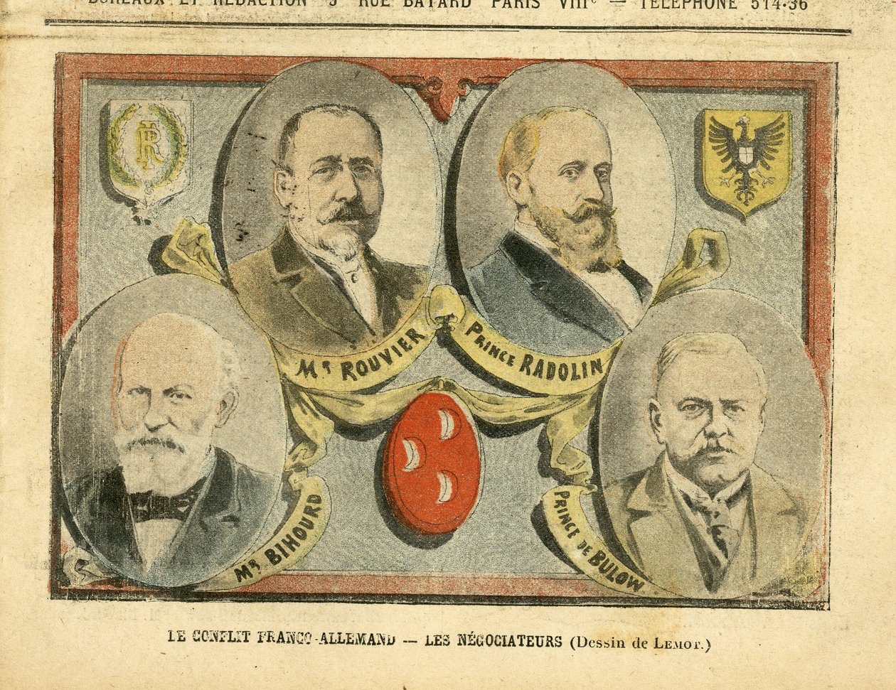 Illustration av Achille Lemot (1846-1909) i Le Pelerin, 09/07/05 - Den fransk-tyska konflikten förhandlarna - Kolonisering Kolonialism Kolonier, Tyskland Preussen, Marocko, Frankrike, Tanger - Rouvier Maurice (1842-1911), Bulow Bernhard von (1849-1929), Ra av Achille Lemot