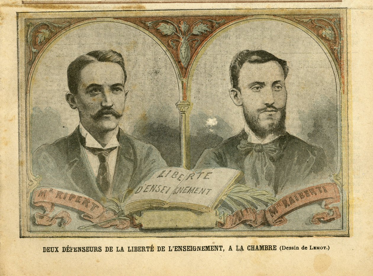 Illustration av Achille Lemot (1846-1909) i Le Pelerin, 20/03/04 - Två försvarare av utbildningsfriheten - Undervisning, Religion Tro, katolsk katolicism - Utbildningsfrihet - Ripert Jean-Baptiste (1870-1958), Raiberti Flaminus (1862-1929) av Achille Lemot