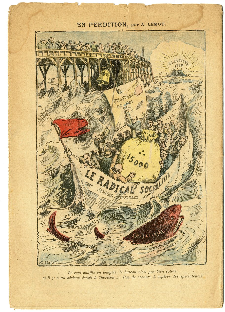 Illustration av Achille Lemot (1846-1909) i Le Pelerin, 20/06/09 - I förgängelse - Radikalism, Val, Antimaconism Freemaking, Maritime Marine Seaside, Femton tusen, Parlamentariska gottgörelser, Radikala och Radikala Socialistpartiet - Fisk, Shark - Ani av Achille Lemot