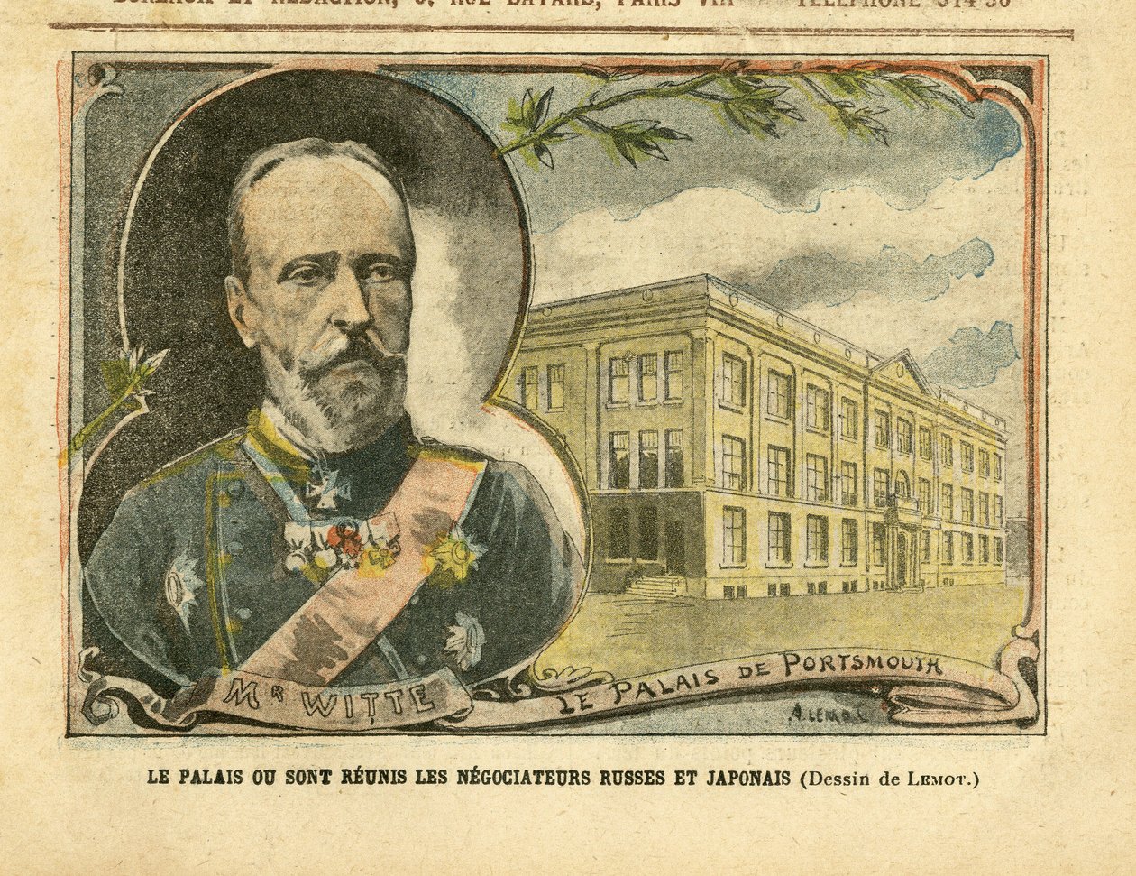 Illustration av Achille Lemot (1846-1909) i Le Pelerin, 20/08/05 - Palatset där ryska och japanska förhandlare återförenas - Ryssland, Japan, det rysk-japanska kriget, Portsmouth - Witte Serge (1849-1915) av Achille Lemot