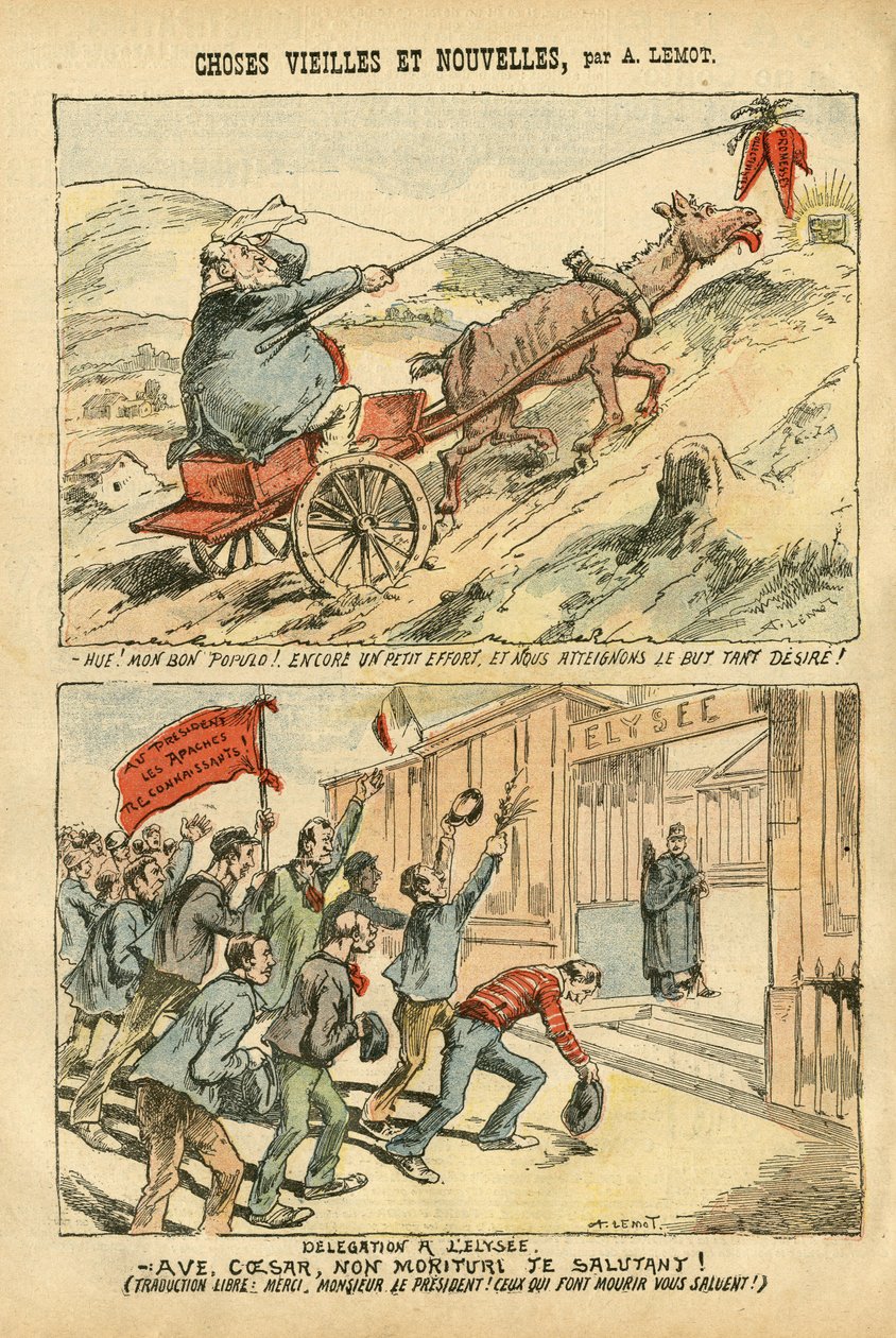 Illustration av Achille Lemot (1846-1909) i Le Pelerin, 20/10/07 - gammalt och nytt - Elysee, Socialism, Ministere - Jaures Jean, Ane - Portfolio av Achille Lemot