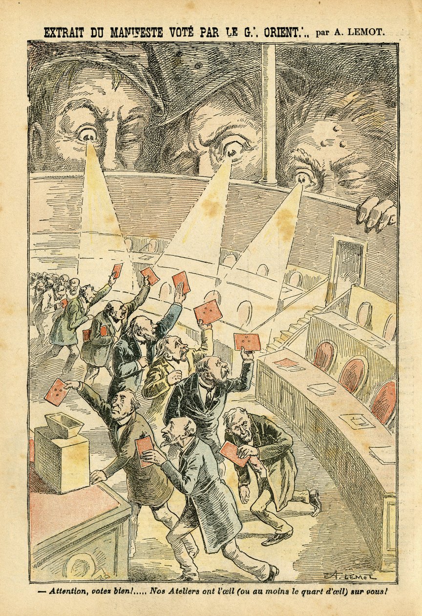Illustration av Achille Lemot (1846-1909) i Le Pelerin, 20/11/04 - Utdrag ur manifestomröstningen av Great Orient - Antimaconism Freemaking, Great Orient of France - Urna av Achille Lemot