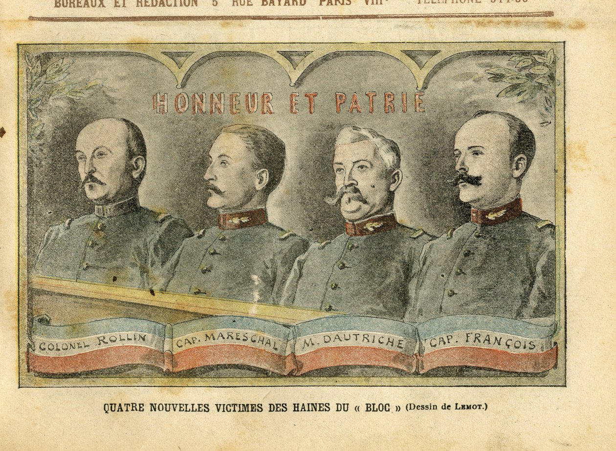Illustration av Achille Lemot (1846-1909) i Le Pelerin, 20/11/04 - Fyra nya offer för blockhat - Armee, Fiche-affären, Patriotism - Rollin-överste, Mareschal-kapten, Dautriche, Francois-kapten av Achille Lemot