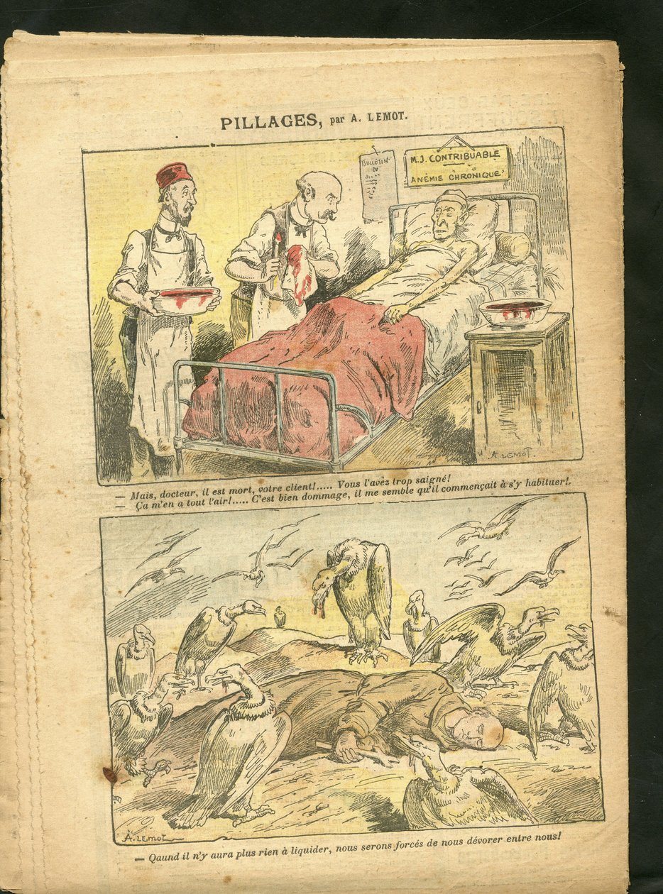 Illustration av Achille Lemot (1846-1909) i Le Pelerin, 21/02/09 - Plundring - Medicin, Religion Tro, Beskattning, Katolsk Katolicism - Laicisation Laicite Laiques, Congregations - Gamar, Medicin, Skattebetalare, Munkar av Achille Lemot