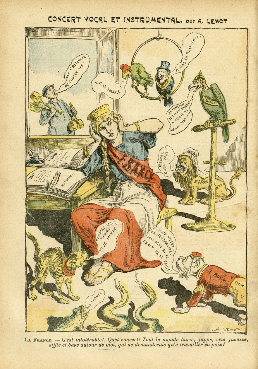Illustration av Achille Lemot (1846-1909) i Le Pelerin, 21/05/05 - Vokal- och instrumentalkonsert - Ryssland, Tyskland Preussen, Musik, England Storbritannien, Europa, Japan, Fred, Marocko, Diplomati, Trefärgad flagga, Bloc des lefts, Sjungande sångare, Pa av Achille Lemot