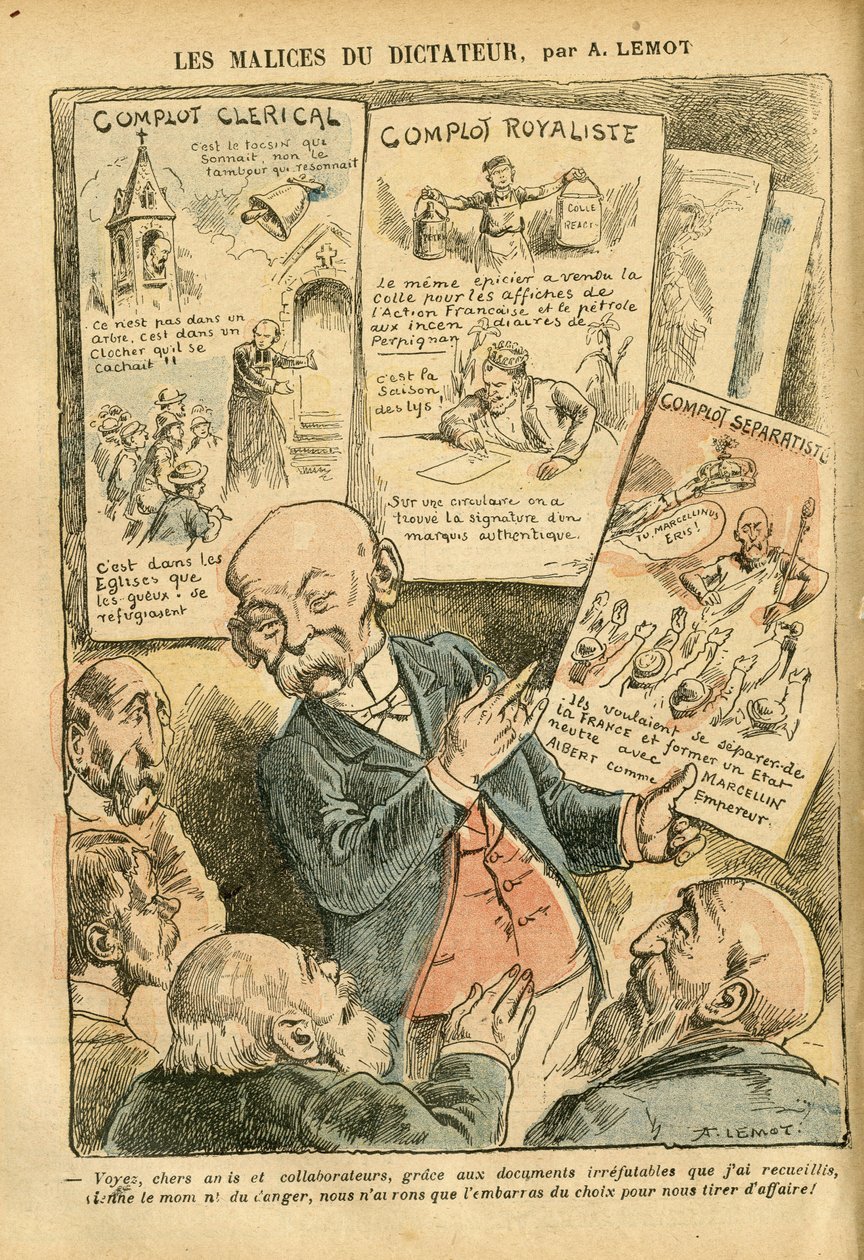Illustration av Achille Lemot (1846-1909) i Le Pelerin, 21/07/07 - The Malices of the Dictator Clerical Conspiracy Royalistisk konspiration Separatistisk konspiration - Royalism, Religion Tro, Vänsterblocket, Katolsk katolicism - Clemenceau George av Achille Lemot