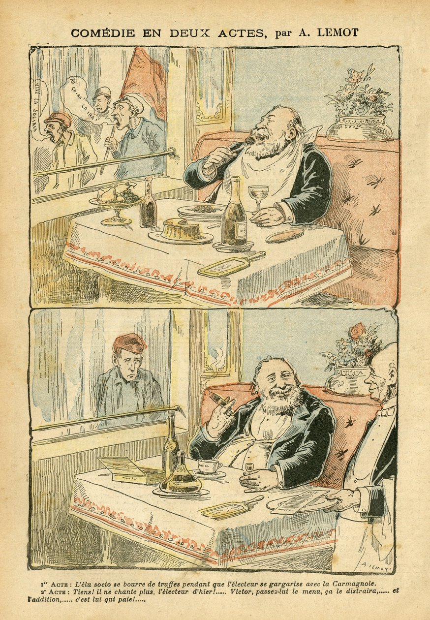 Illustration av Achille Lemot (1846-1909) i Le Pelerin, 22/05/04 - Komedi i två akter - Restaurangkaféer, Gastronomisk matlagning, Socialism - Boys de cafe, Tryffel - Fett/mager av Achille Lemot