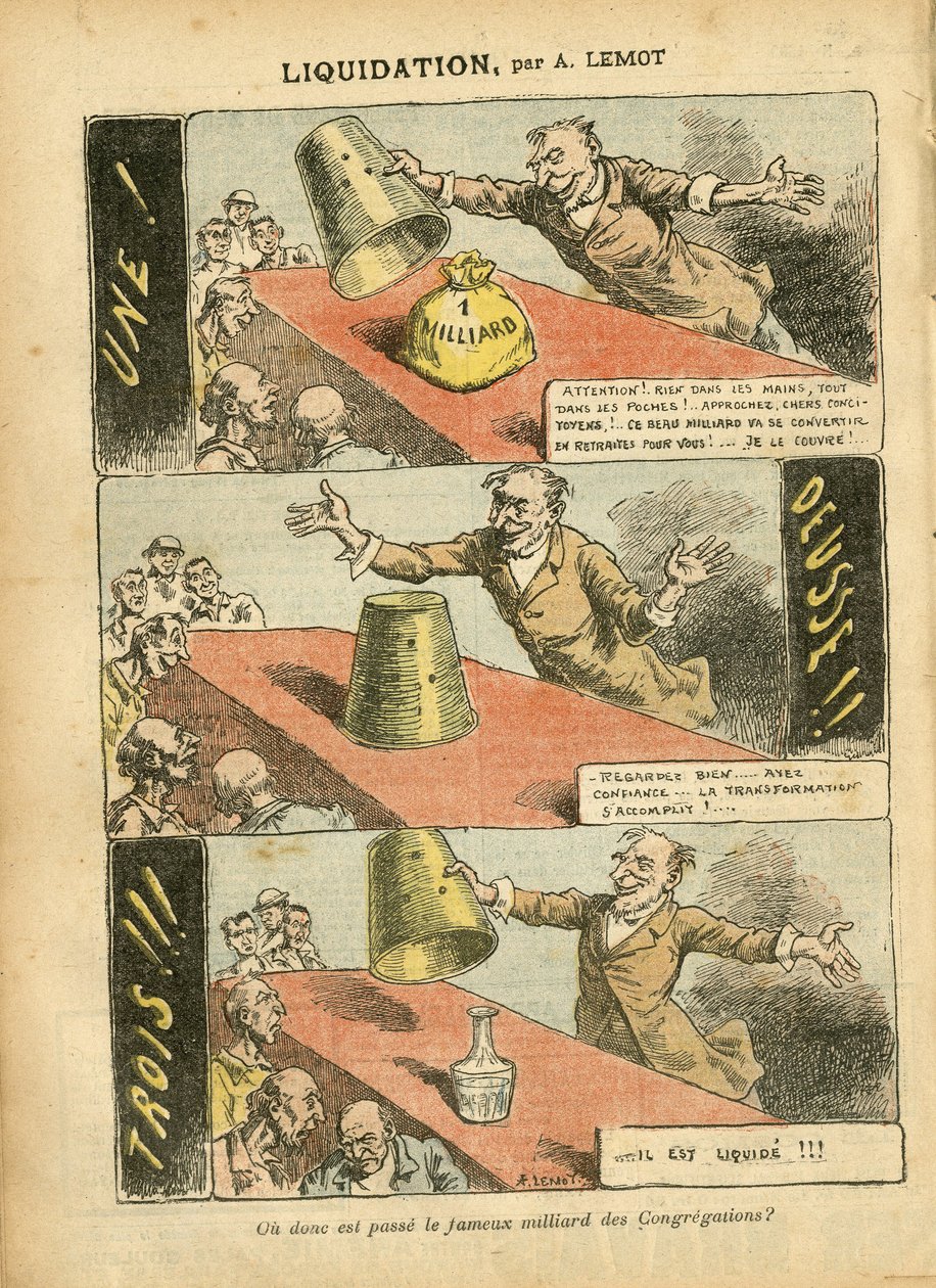 Illustration av Achille Lemot (1846-1909) i Le Pelerin, 23/06/07 - Likvidation - Spel, Religion Tro, Silver, Katolsk katolicism - Miljarder församlingar - Honneteau av Achille Lemot