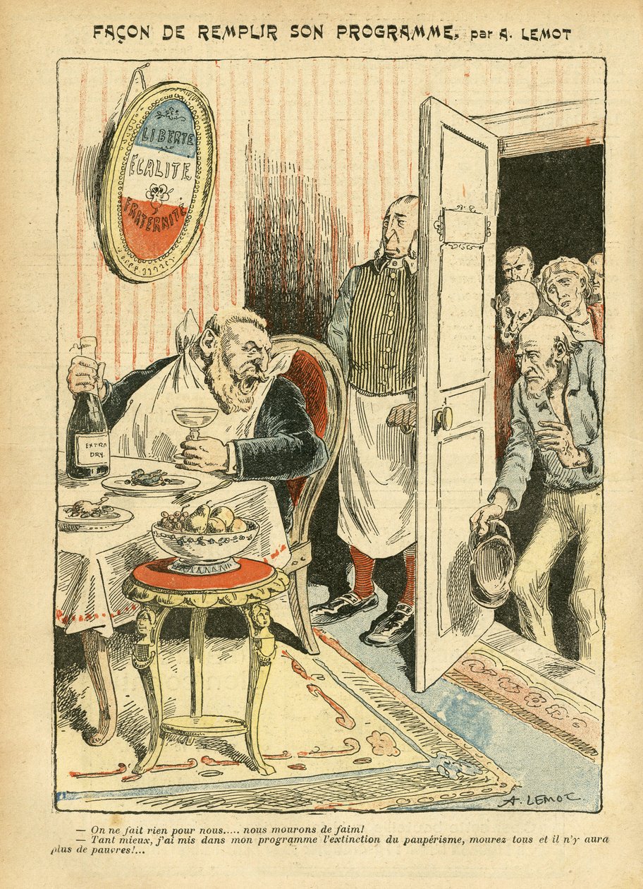 Illustration av Achille Lemot (1846-1909) i Le Pelerin, 23/07/05 - Hur man fullföljer sitt program - Social, Misere, Gastronomiskock, Socialism - Jaures Jean, Deputat, Homemans - Matmetafor, Opposition/Association av Achille Lemot