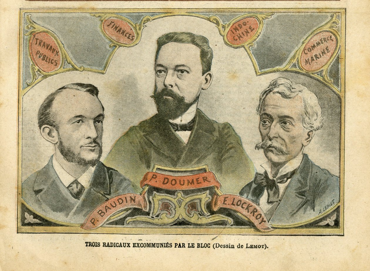 Illustration av Achille Lemot (1846-1909) i Le Pelerin, 23/10/04 - Tre radikala excommunies av blocket - Budgetekonomi, republikens president, Maritime Marine Nautique Balneaire, Bloc des left, Indokine, Works publics - Doumer Paul (1857-1932), av Achille Lemot
